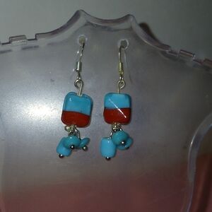 Hand Crradred  Turquoise & Red Glass Drop Earrings